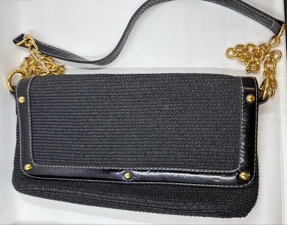 Black Straw Crossbody Bag with Gold Chain Strap